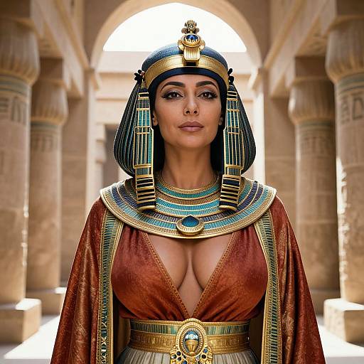 Photorealistic digital artwork of an ancient Egyptian queen with dark skin, blue and gold headdress, deep V-neck red robe, large blue gem necklace