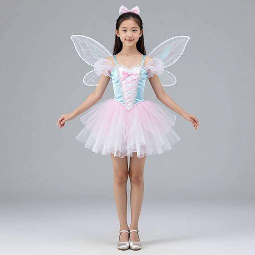 Photograph of a young Asian girl in a white, light blue, and pink fairy costume with transparent wings, standing on a plain gray background. She