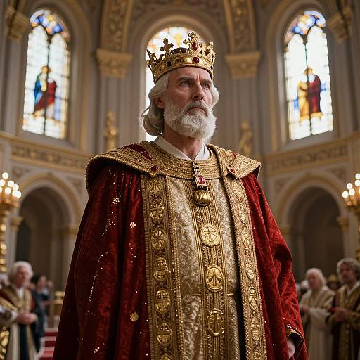 Photograph of an elderly, white-bearded king in a golden crown and ornate red and gold robe, standing in a grand, illuminated cathedral.