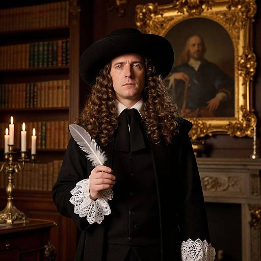 Photograph of a young man with long curly hair, wearing a black 17th-century-style outfit, holding a quill, in a dimly