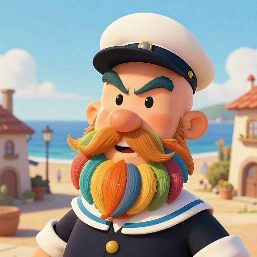 Colorful 3D cartoon sailor with a multicolored beard, white hat, and navy uniform, standing on a sunny beachfront street.