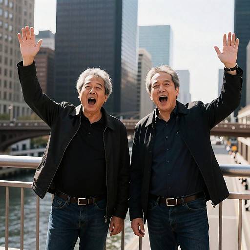 Joyful Men Celebrating on a Bridge