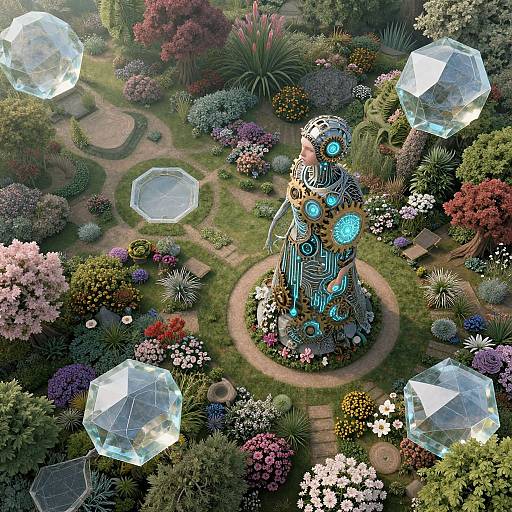 Aerial view of a vibrant garden featuring a glowing, cybernetic sculpture surrounded by colorful flowers and four large, transparent geodes.