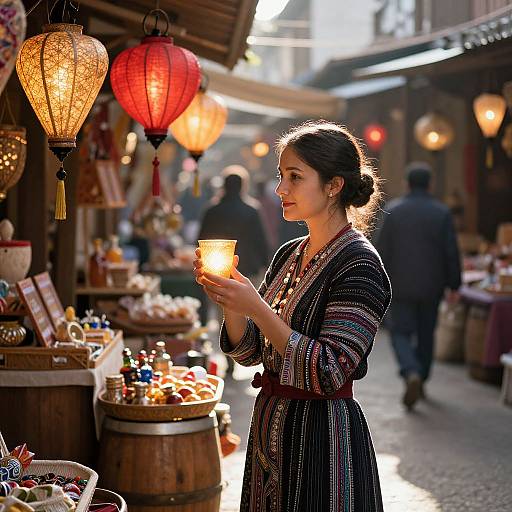 Photograph of a young woman with dark hair in a patterned robe, holding a glowing lantern, standing in a sunlit, bustling market stall with