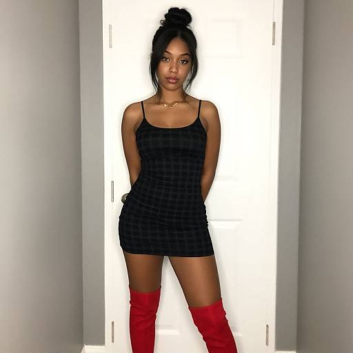 Photograph of a Black woman with dark skin, black hair in a bun, wearing a black checkered mini dress and red thigh-high boots, standing