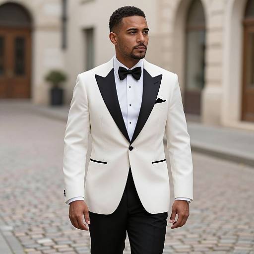 Photograph of a handsome Black man with short curly hair, wearing a white tuxedo with black lapels and bow tie, standing on a cob