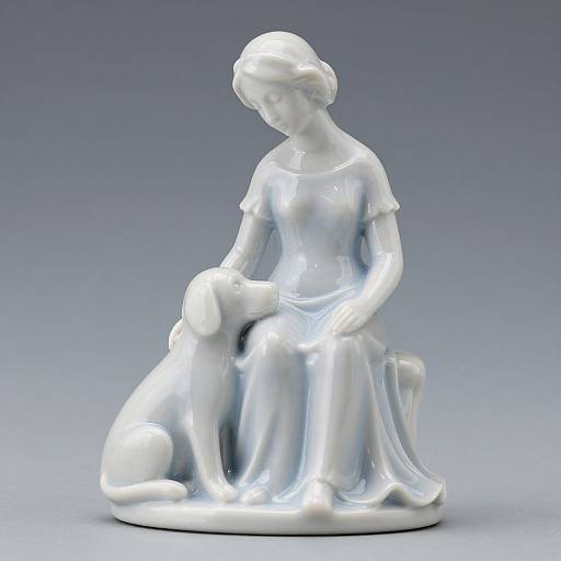 Photograph of a white ceramic figurine depicting a woman in a dress gently petting a sitting dog, set against a gradient gray background.