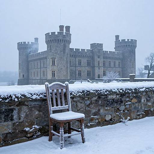 Photograph of a snow-covered wooden chair in front of a medieval stone castle with crenellations, set against a foggy, wintry sky