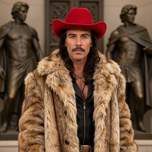 Photograph of a rugged man with long black hair, red hat, and fur coat, standing in front of classical statues.