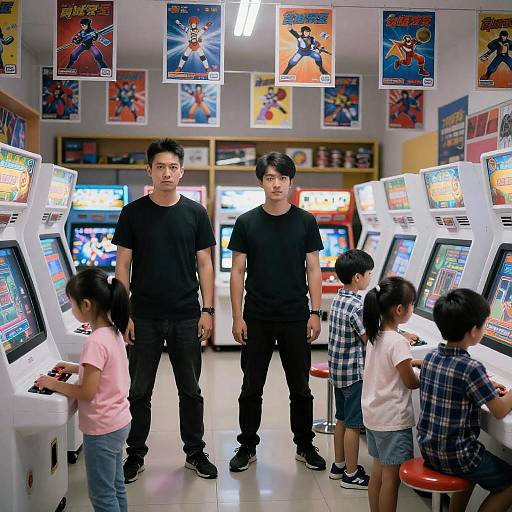 Two Men Standing in Arcade with Children Playing Games