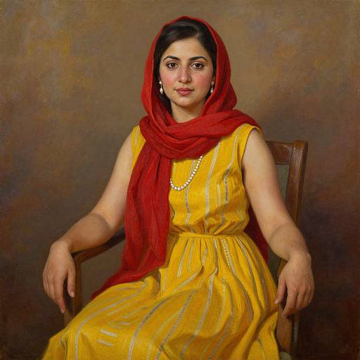Painting of a South Asian woman with medium skin tone, wearing a yellow dress, red scarf, pearl necklace, and earrings, sitting against a brown