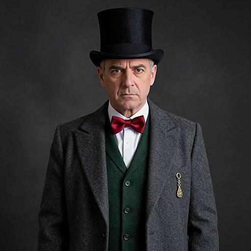 Photograph of an older white man in a dark gray tweed suit, red bow tie, black top hat, and dark green vest, with a