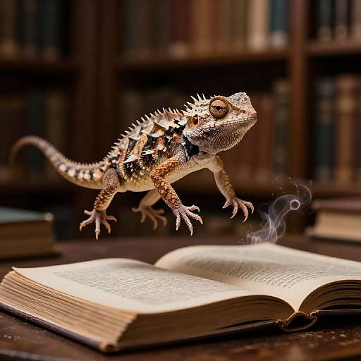 Photograph of a detailed, colorful lizard with spiked back and striped pattern, sitting on an open book emitting smoke, in a dimly lit library with