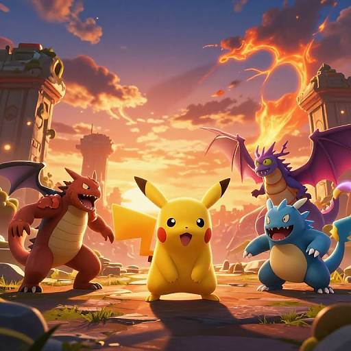 Digital artwork of Pikachu, Charizard, Blastoise, and Dragonite standing in a ruined, sunlit cityscape with fiery sky and crumbling towers