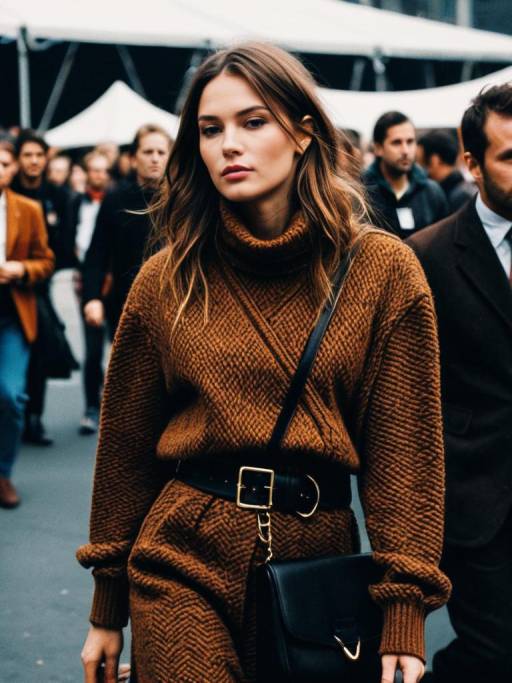 Woman in Brown Knit Outfit at Fashion Festival