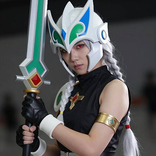Cosplayer in White Helmet Holding Sword