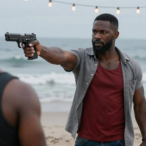 Tense Seaside Standoff Under String Lights