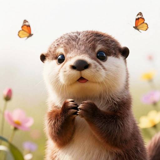 Adorable Kawaii Otter in Flower Garden