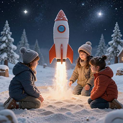 Photograph of four children in winter clothes, kneeling in snow, gazing at a brightly lit, cartoon rocket in a starry night sky with snow