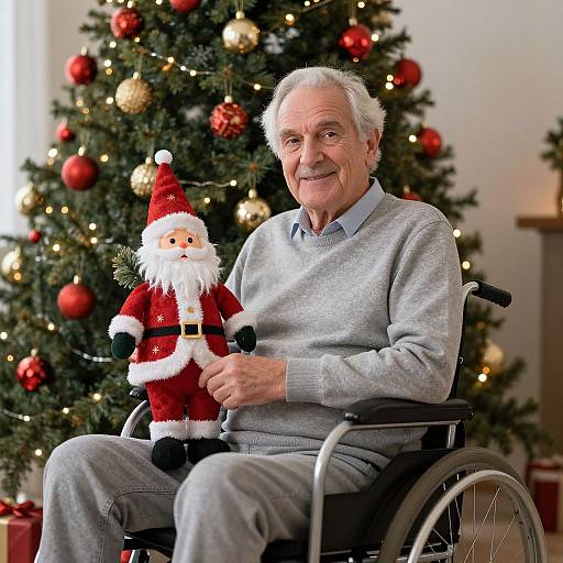 Photograph of an elderly white man with white hair in a gray sweater, seated in a wheelchair, holding a Santa Claus doll, in front of a