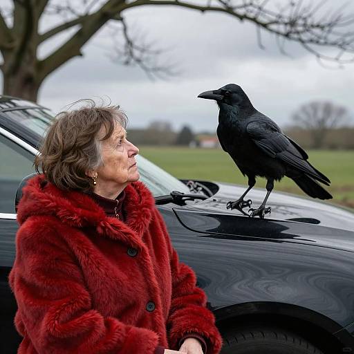 Intense Encounter Between Woman and Crow