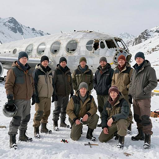 Group of Men by Futuristic Aircraft Wreckage in Snowy Mountains