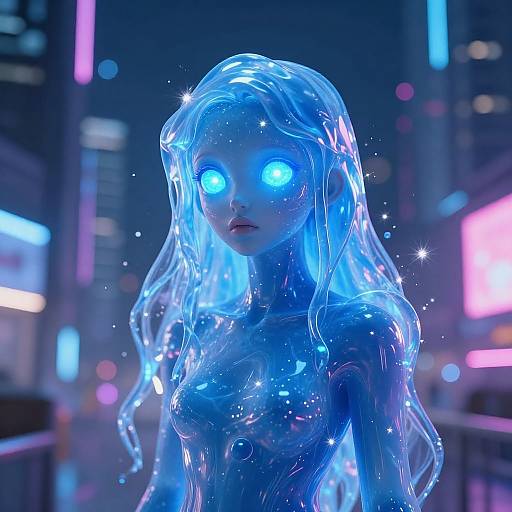 Cyberpunk digital art of a glowing blue, ethereal woman with luminous eyes and translucent hair, set against a neon-lit cityscape.