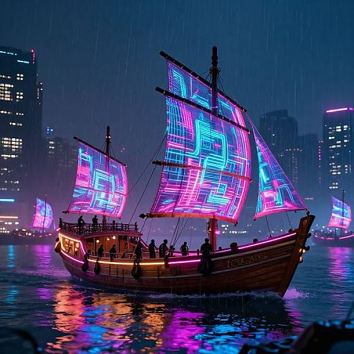 Neon-lit, digital artwork of a wooden ship with glowing pink and blue sails navigating a rainy, futuristic cityscape at night.