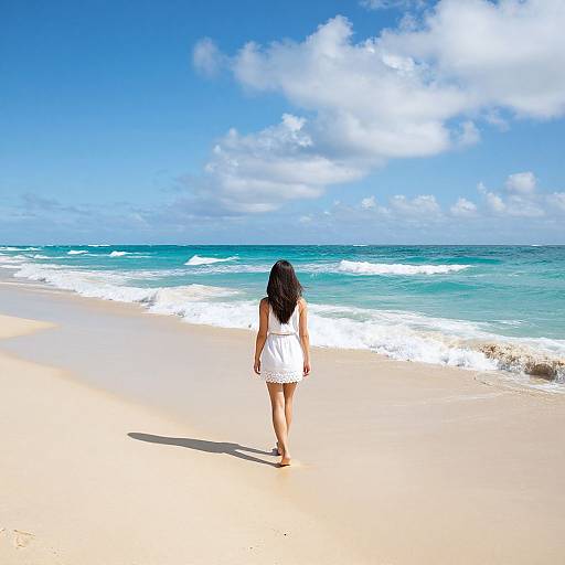 Photograph of a woman with long dark hair in a white sundress walking on a sunny, sandy beach with turquoise waves and a bright blue sky.
