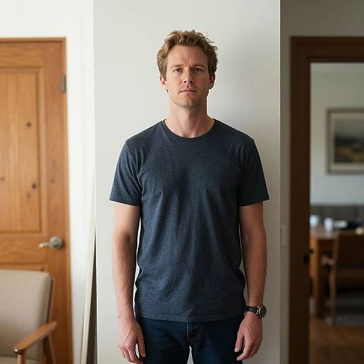 Photograph of a tall, Caucasian man with short, curly brown hair, wearing a dark blue t-shirt and black pants, standing in a sunlit