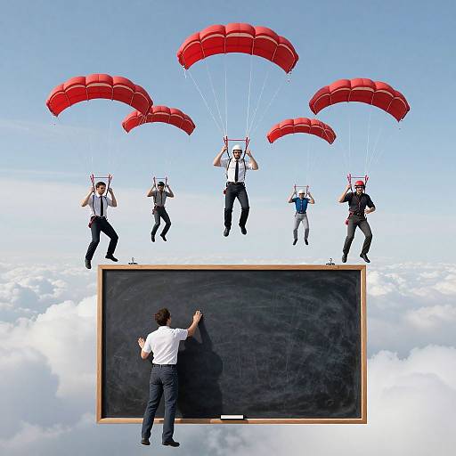 Six men in black suits and red parachutes descend toward a floating blackboard, with one man standing on the board facing them. Sky background. Surre
