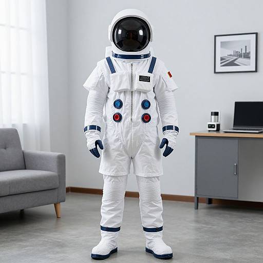 Photograph of a person in a white astronaut suit with black helmet, blue and red buttons, standing in a modern, minimalist room with gray sofa,