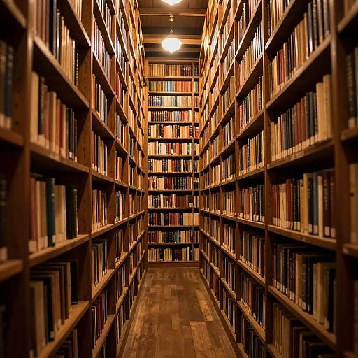 Photograph of a narrow, dimly-lit library aisle with tall wooden bookshelves filled with colorful books, receding into the background under a