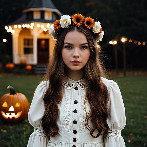 Young Girl in Victorian Dress with Flower Crown and Jack-O'-Lantern