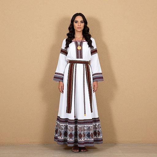 Photograph of a woman with long black hair wearing a white, long-sleeved, embroidered dress with brown and black intricate patterns, standing against a