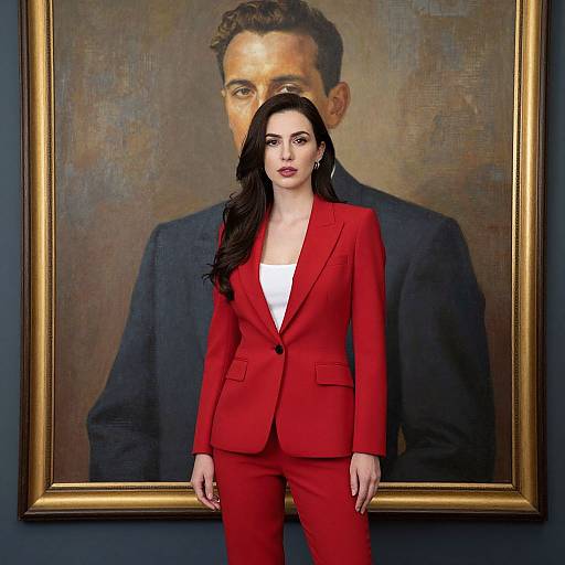 Photograph of a woman with long black hair in a red suit, standing in front of a large, framed portrait of a man.