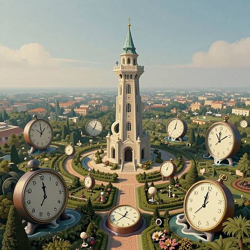 Photograph of a tall clock tower surrounded by floating oversized clocks, set in a lush garden with a cityscape backdrop.