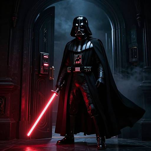Photograph-style digital art of Darth Vader standing in a dark, smoke-filled corridor, holding a glowing red lightsaber, wearing black armor and cloak,