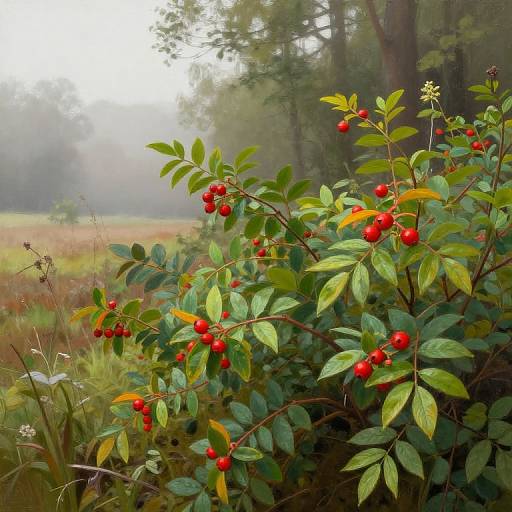 Photograph of a misty forest scene featuring a bush with vibrant red berries and green leaves in the foreground, with a blurred background of tall trees and