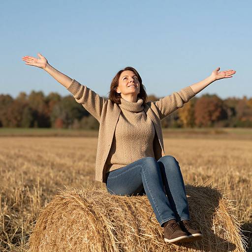 Joyful Middle-Aged Woman in Autumn Field