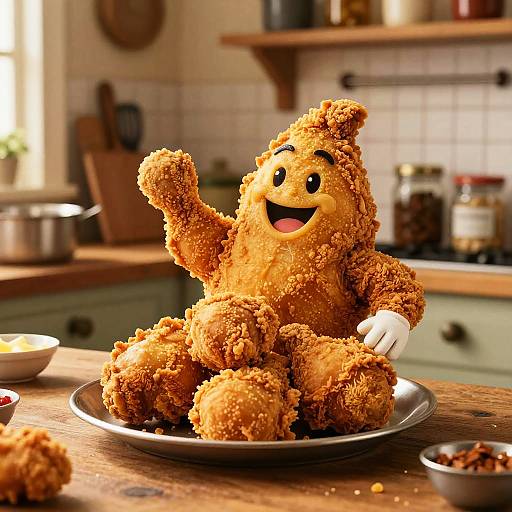 Photograph of a cheerful, golden-brown, crumb-coated, cartoonish fried dough figure with large eyes and a smiling mouth, sitting on