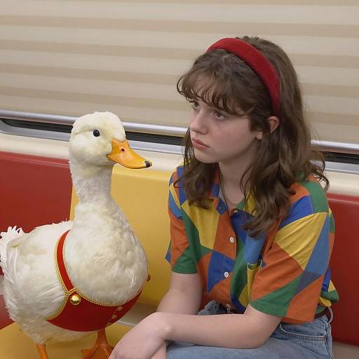 Young Woman and Anthropomorphic Duck on Retro Seating
