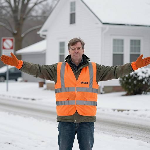 Middle-Aged Man in Snowy School Setting