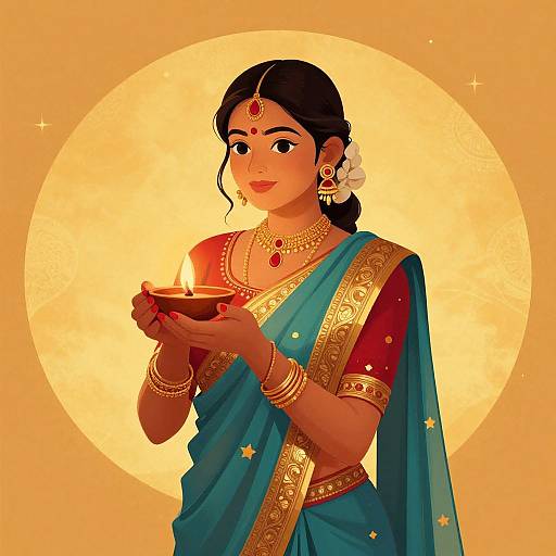 Digital illustration of an Indian woman in a blue sari with gold trim, red blouse, holding a lit oil lamp, adorned with jewelry, against a