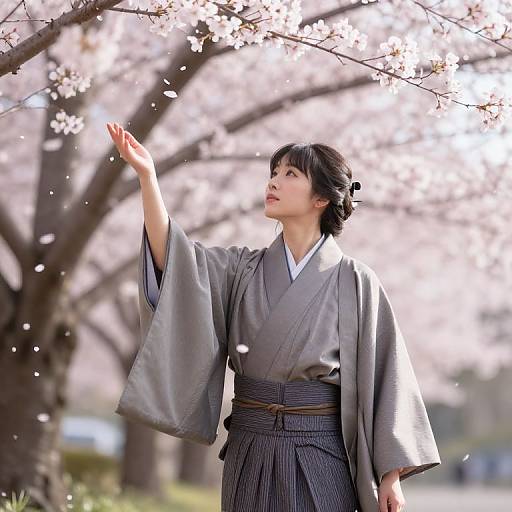 Photograph of an Asian woman in traditional gray kimono, reaching up to cherry blossoms in a sunlit, blooming garden.