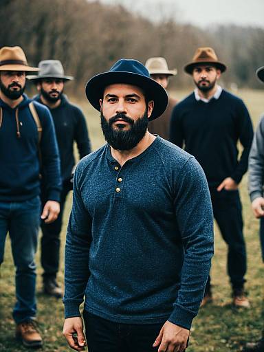 Bearded man in blue hat outdoors with group