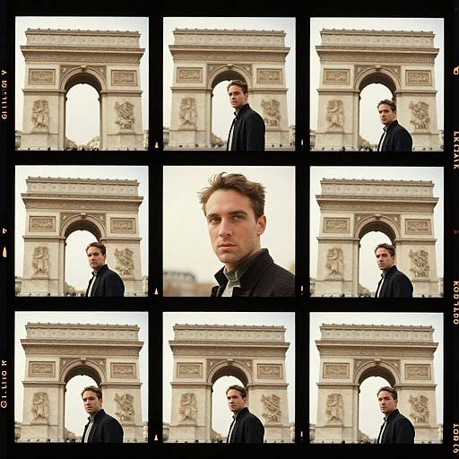 Photograph collage of a Caucasian man with short brown hair, wearing a black coat, standing in front of the ornate Arc de Triomphe.