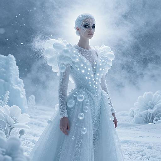 Photorealistic digital art of a glowing, ethereal woman in a white, bubble-adorned dress, standing in a frosty, lumines