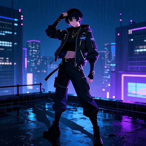 Digital anime-style artwork of a black-haired, androgynous figure in a black leather jacket, pants, and boots, standing in a rain-so