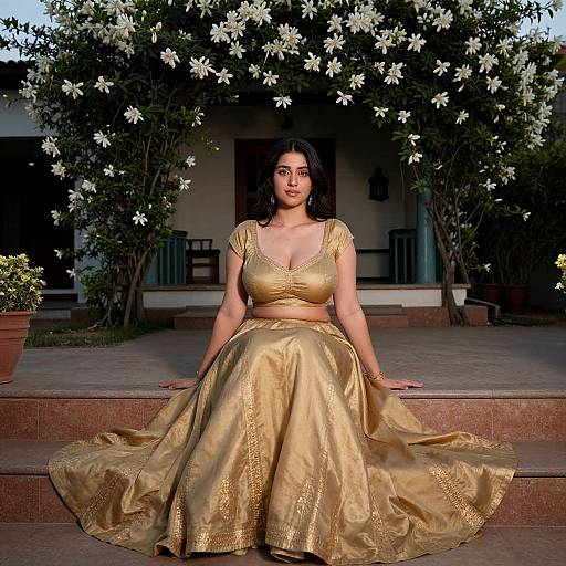 Photograph of a curvy South Asian woman with dark hair, wearing a gold, embroidered, V-neck ball gown, sitting on stone steps, surrounded